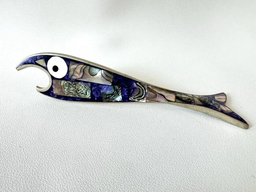 Vintage Abalone Fish Bottle Opener Alpaca Silver Frame Mid Century Modern MCM